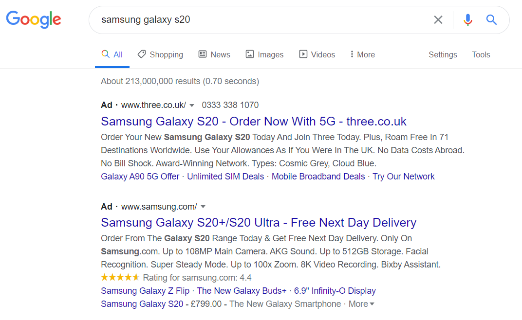 Example of paid search