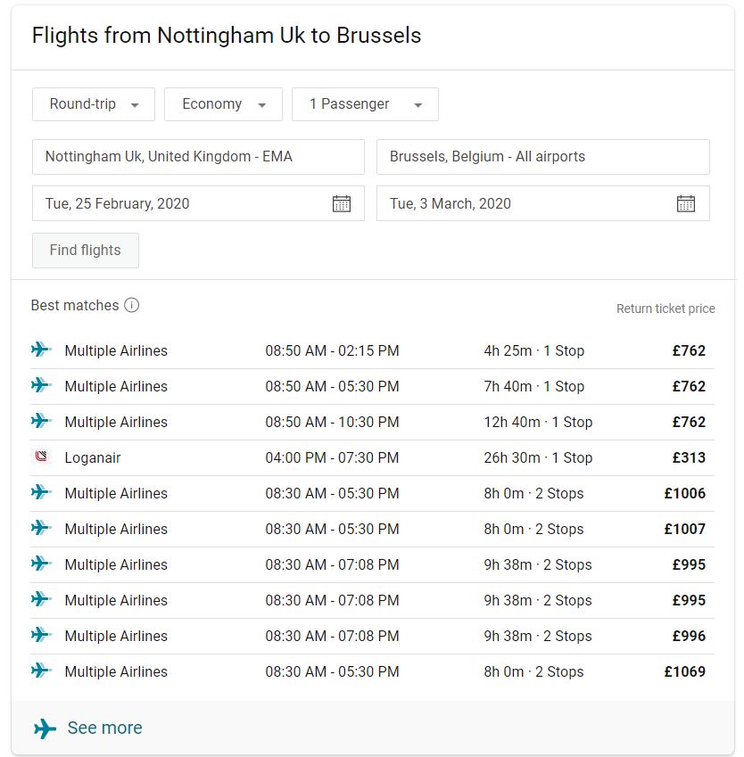 Bing SERP for query: flights to Belgium