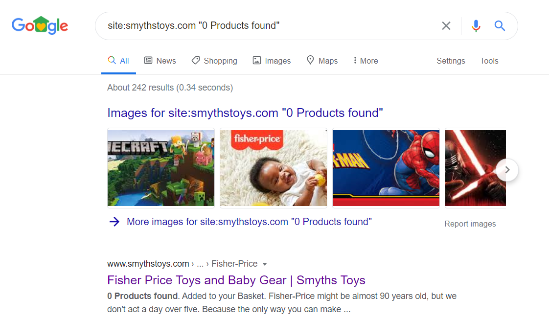 Google SERP - example of empty categories