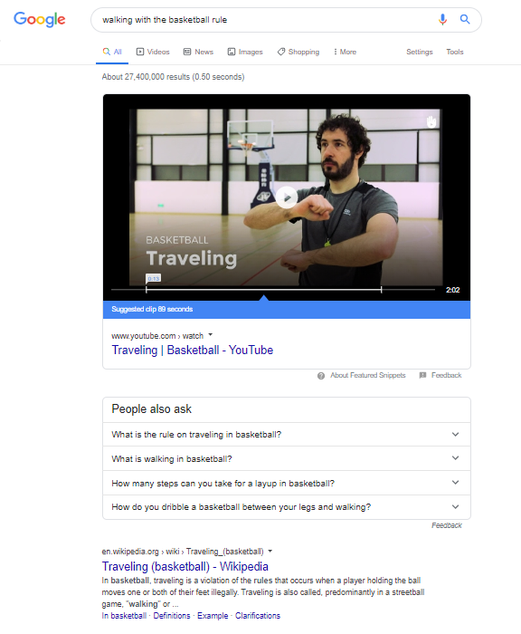 Featured snippet - basketball related query example