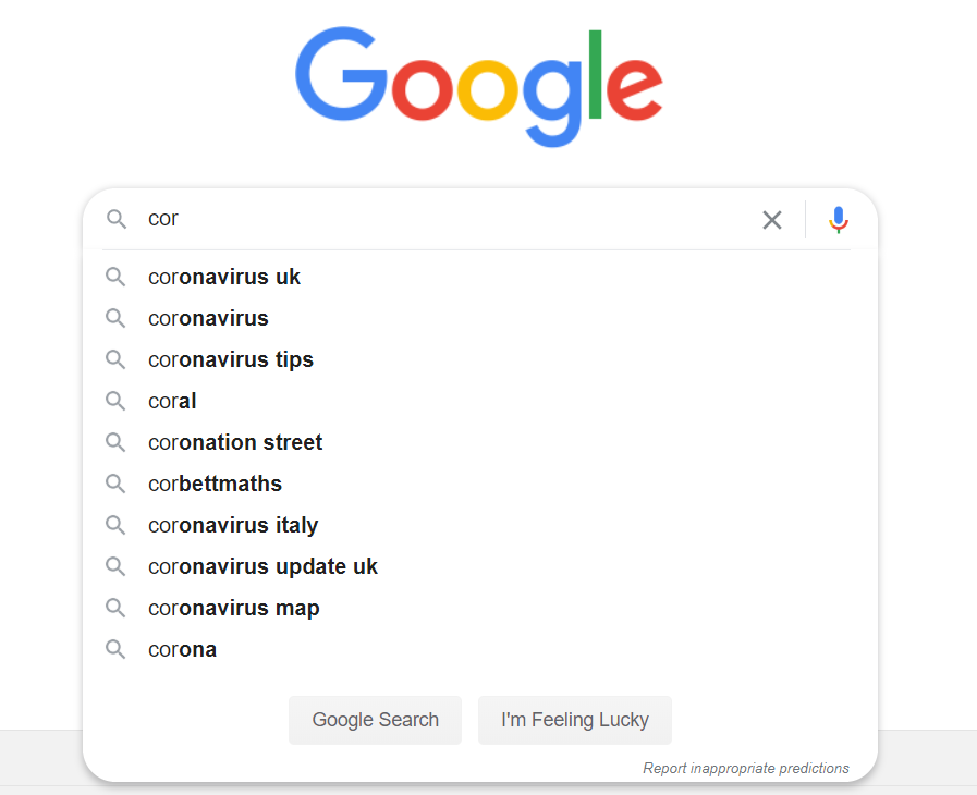 Google Autocomplete Coronavirus Example