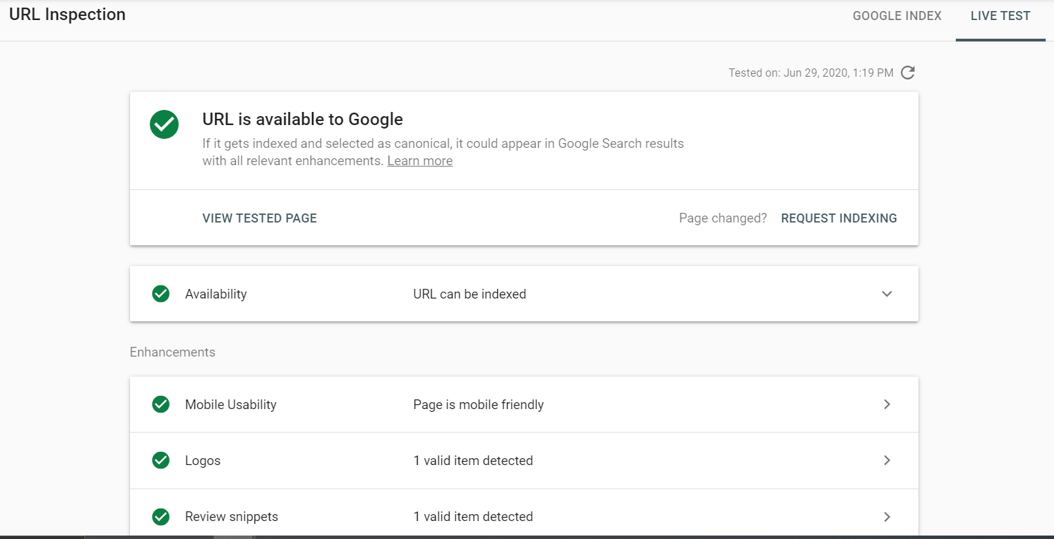 Google Search Console - URL Inspection tool