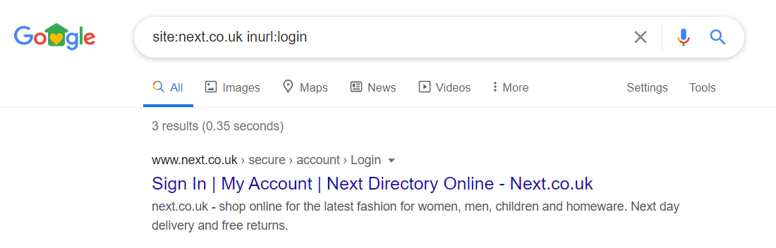 Google SERP - login URL example