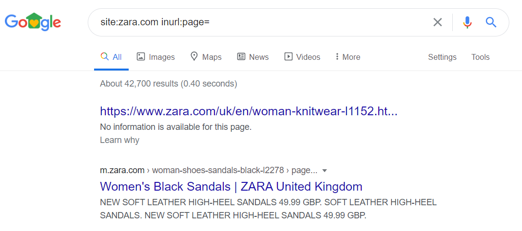 Google SERP - pagination URL example