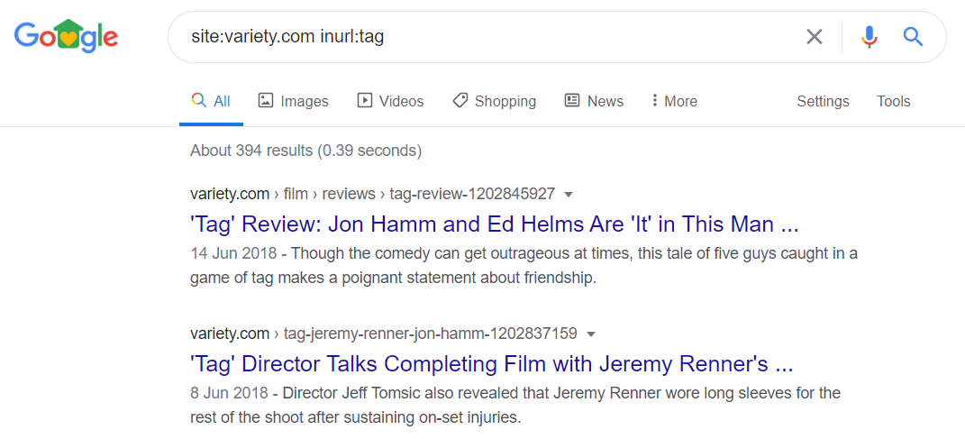 Google SERP - Tag URL example