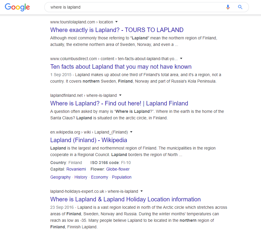 SERP for where is lapland query