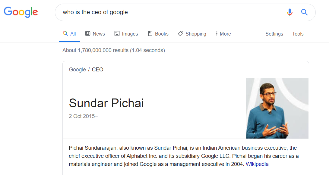 Google SERP for: who is CEO of Google query
