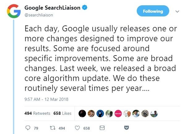 Google talks about its Broad Core Algorithm Update on Twitter